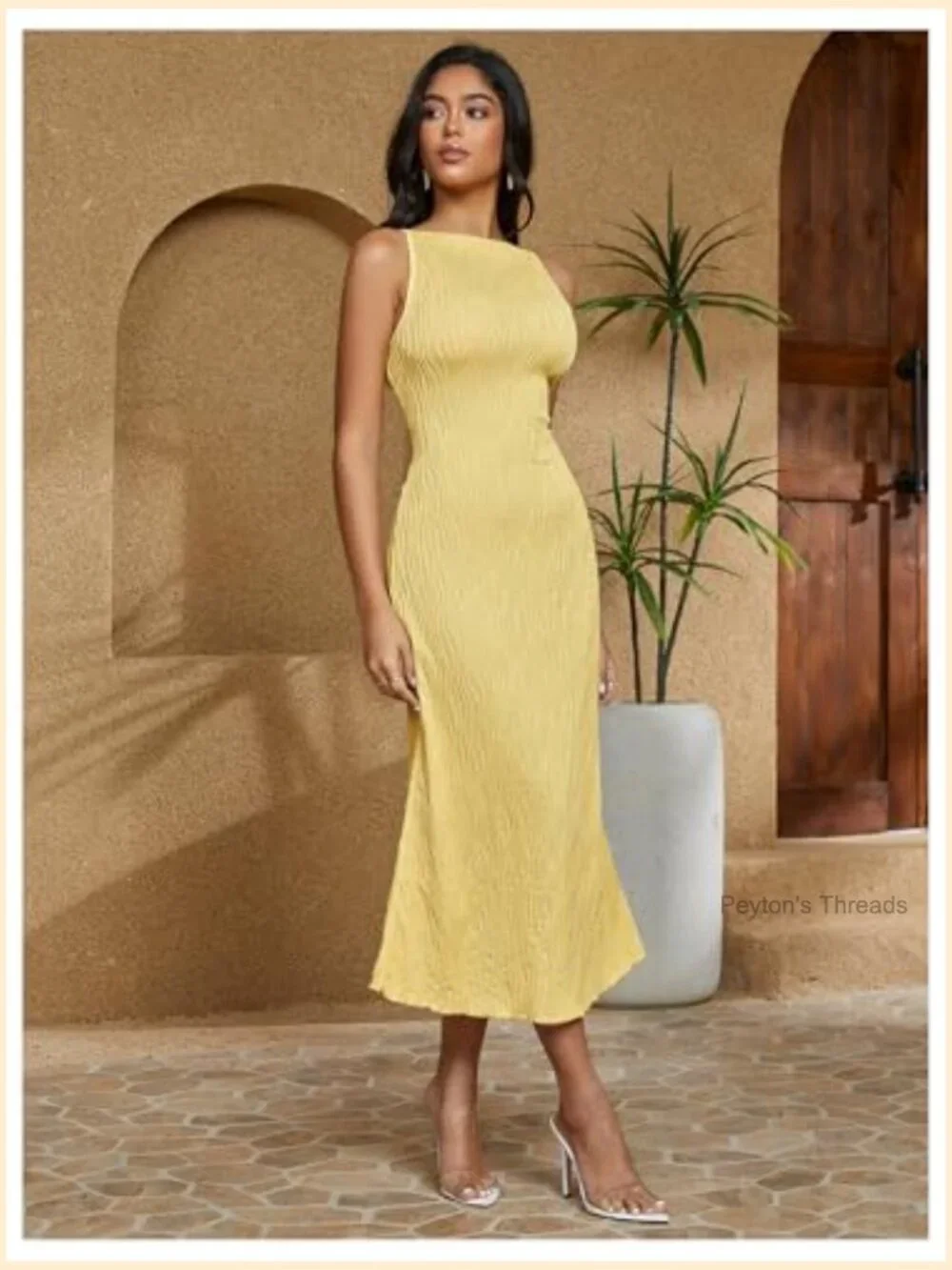 Sleeveless Mock Neck Ribbed Knit Bodycon Midi Cami Dress - Picture 5 of 5